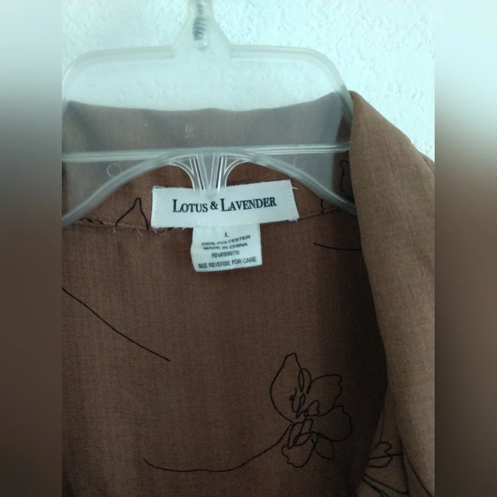 Lotus & Lavender Blouse Shirt Brown Black Floral Flowers Print Short Sleeve L - Picture 4 of 6